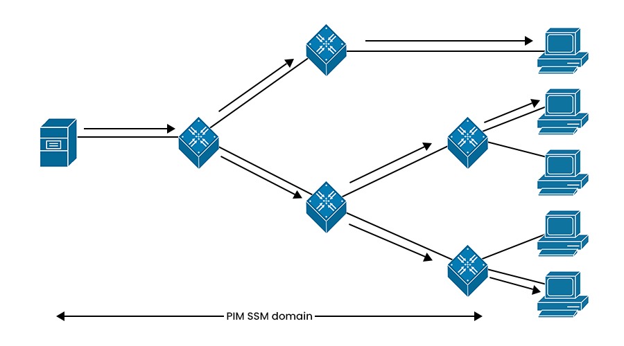 What is PIM Protocol (Protocol Independent Multicast)? 7 A network topology of PIM Protocol in Source specific multicast mode containing 1 server, 5 routers, and 5 PCs.