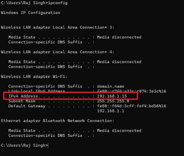 What are the Different Types of IP Address? 3 A command prompt showing how you can find the Private IP Address using it.