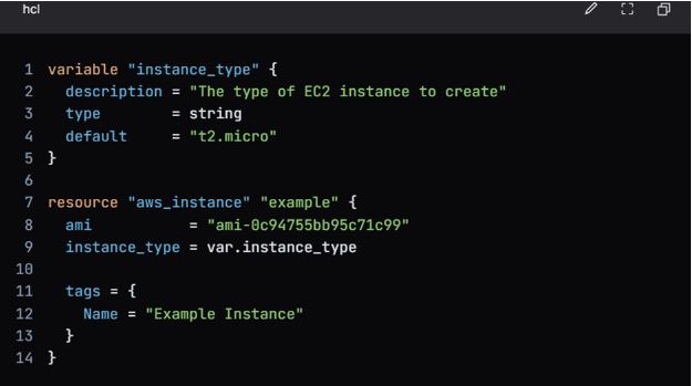 What is Terraform and What is it Used for? 3 A code block defining a variable "instance_type" with a default value of "t2.micro".