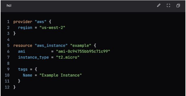 What is Terraform and What is it Used for? 2 A code block defining an AWS provider and a single resource of type โaws_instanceโ named โexampleโ