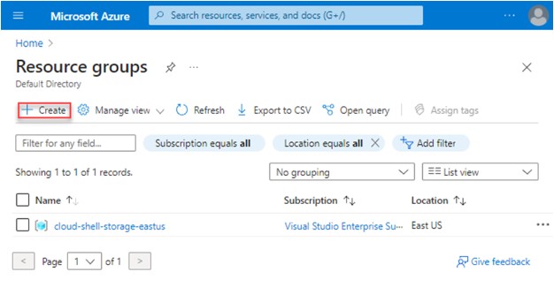 What is Resource Group in Azure and How to Use it? 2 Step 1 of creating a Azure Resource Group by clicking the "create" button